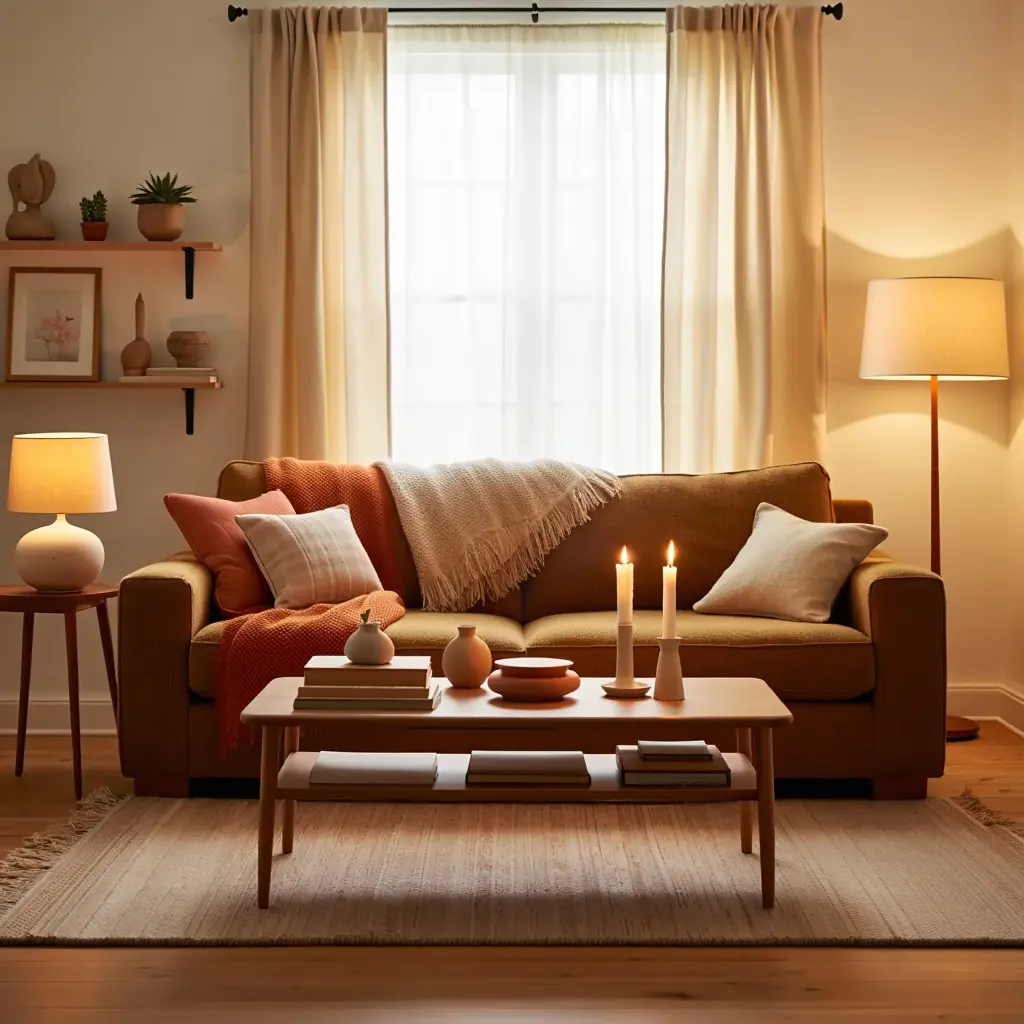 Beautifully organized living room with warm decor