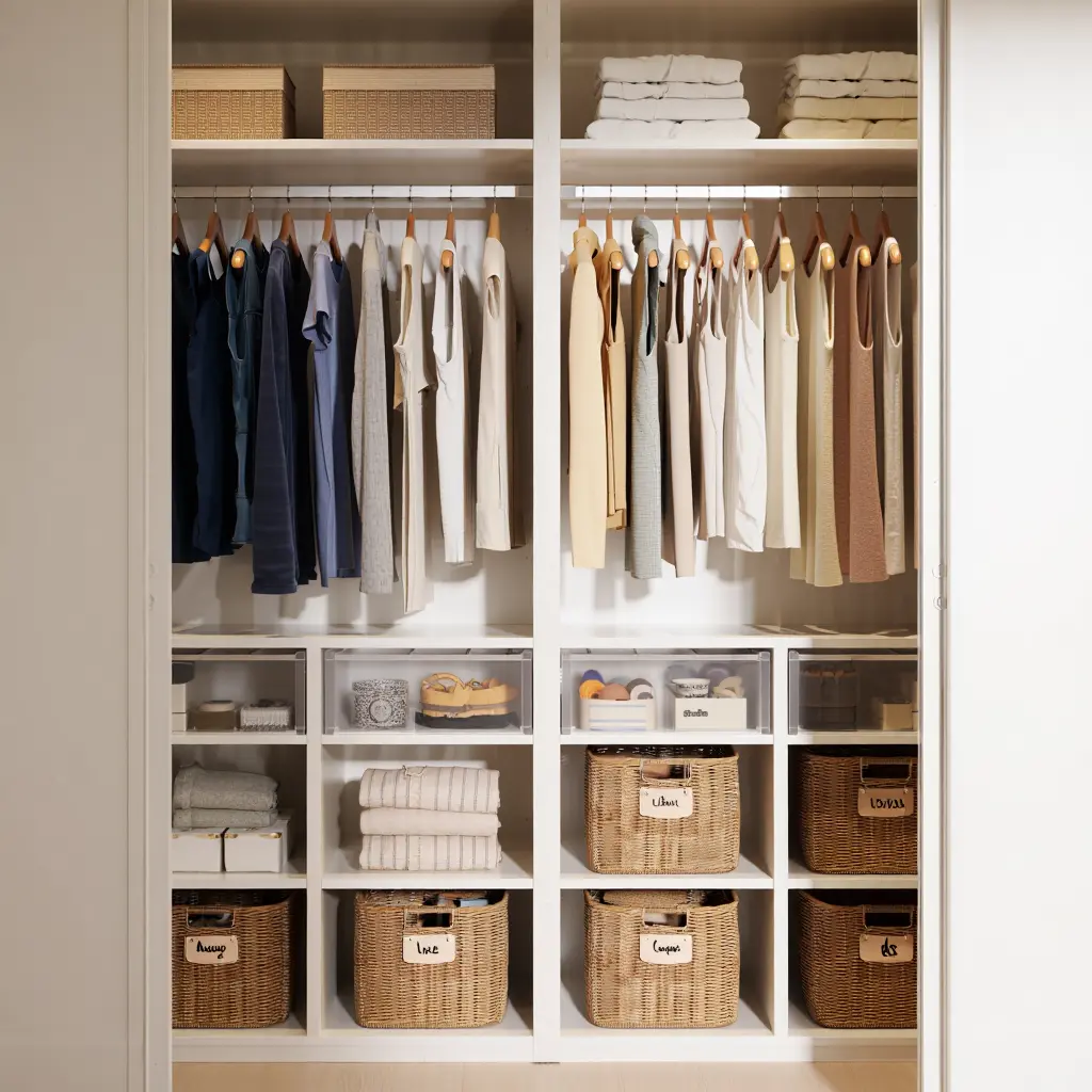 Well-organized closet with labeled storage bins and shelves