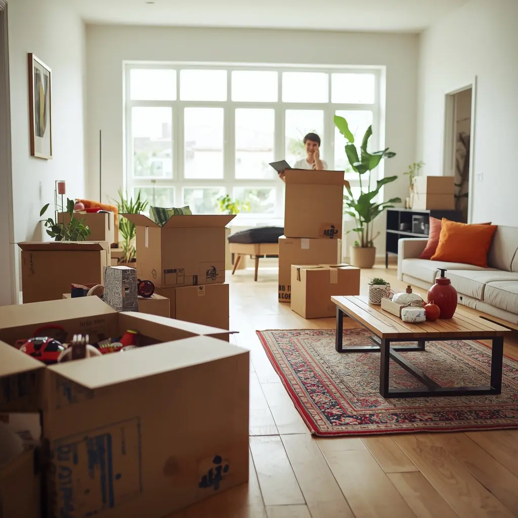 Moving boxes being unpacked in a bright new home